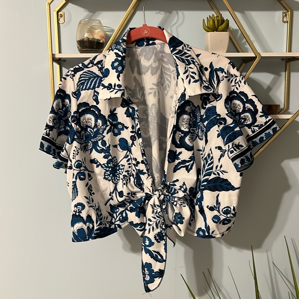 Blue Floral Tie Waist Blouse